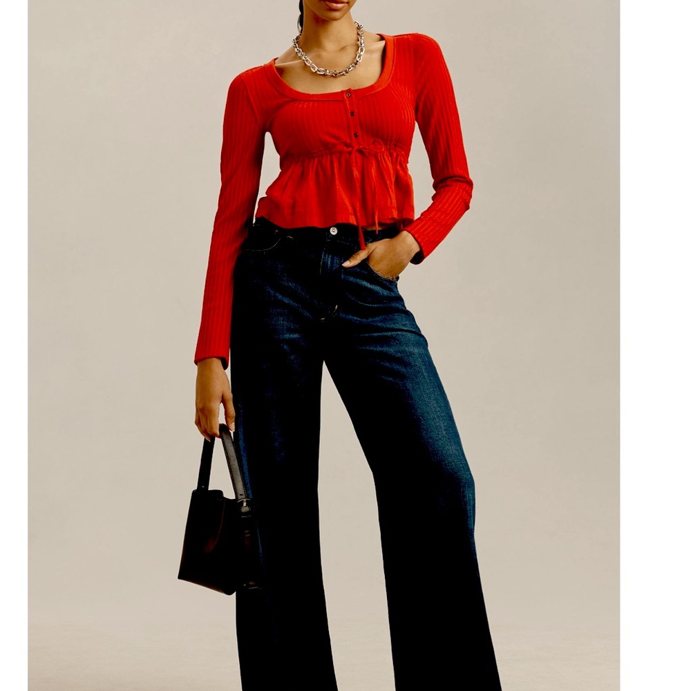 Anthropologie Ribbed Long Sleeve Shirt Pilcro Scoop Neck Cropped New XS Red - Picture 4 of 11